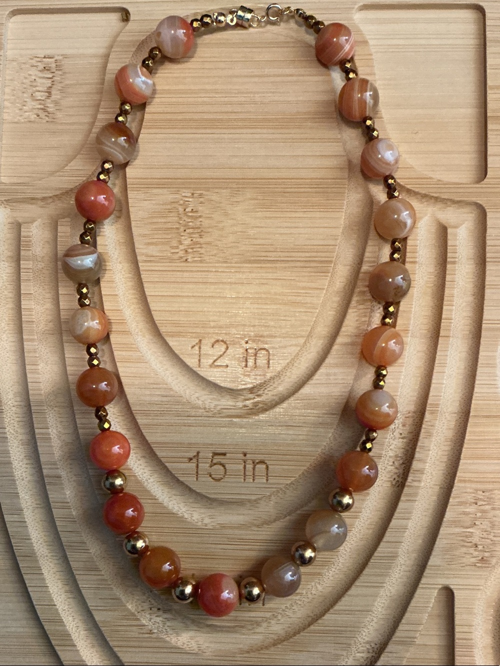 Orange striped Agate Beaded Necklace with Hematite in Sterling Silver Magnetic